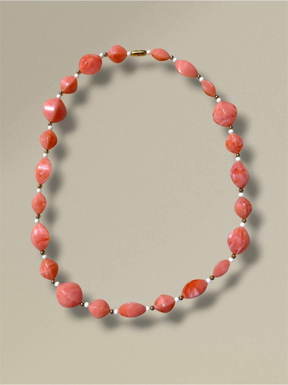 Vintage Avon Marbled Peach Melon Bead Necklace Gold Tone Accent 18" Retro